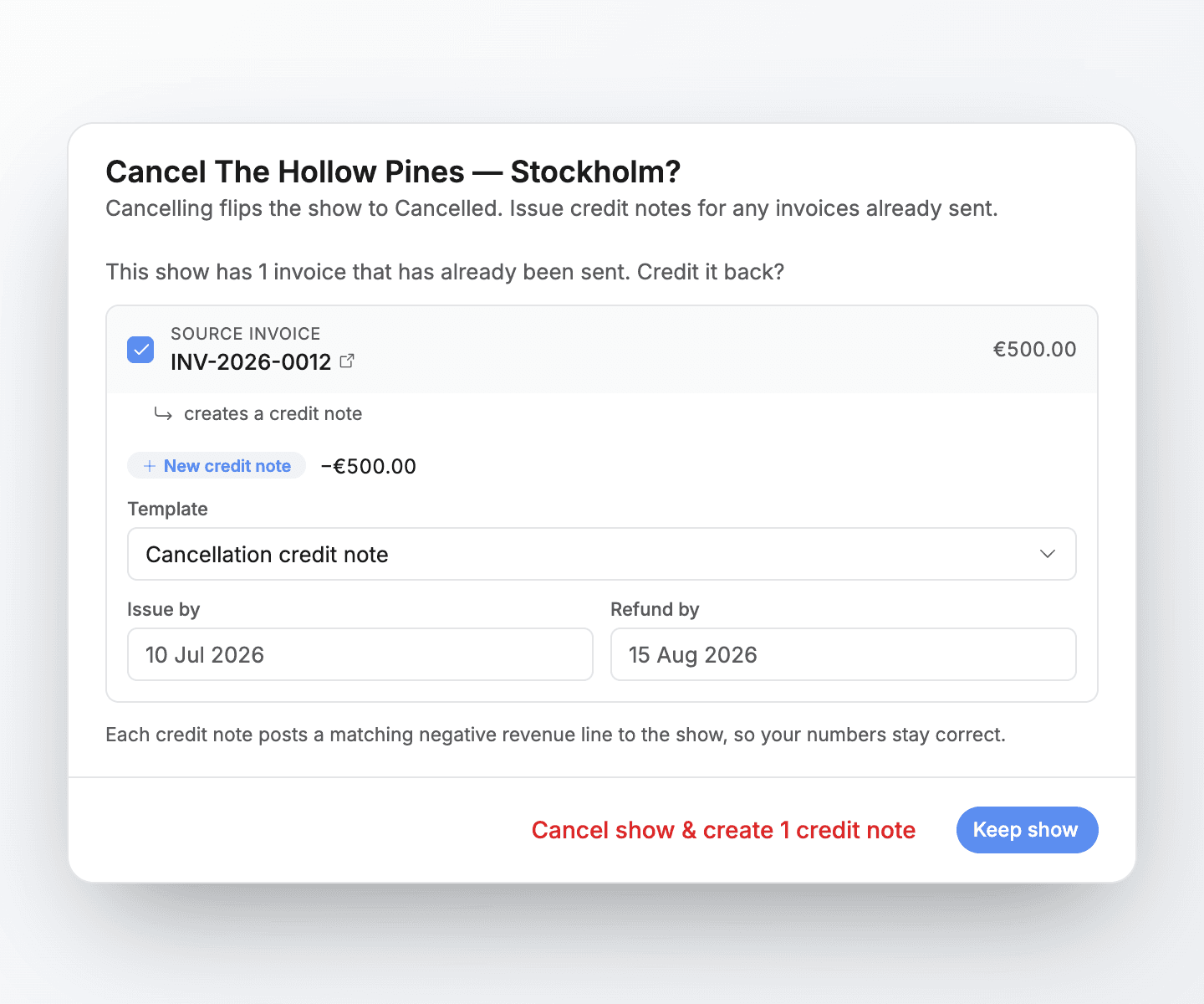 Cancel-show flow suggesting credit notes