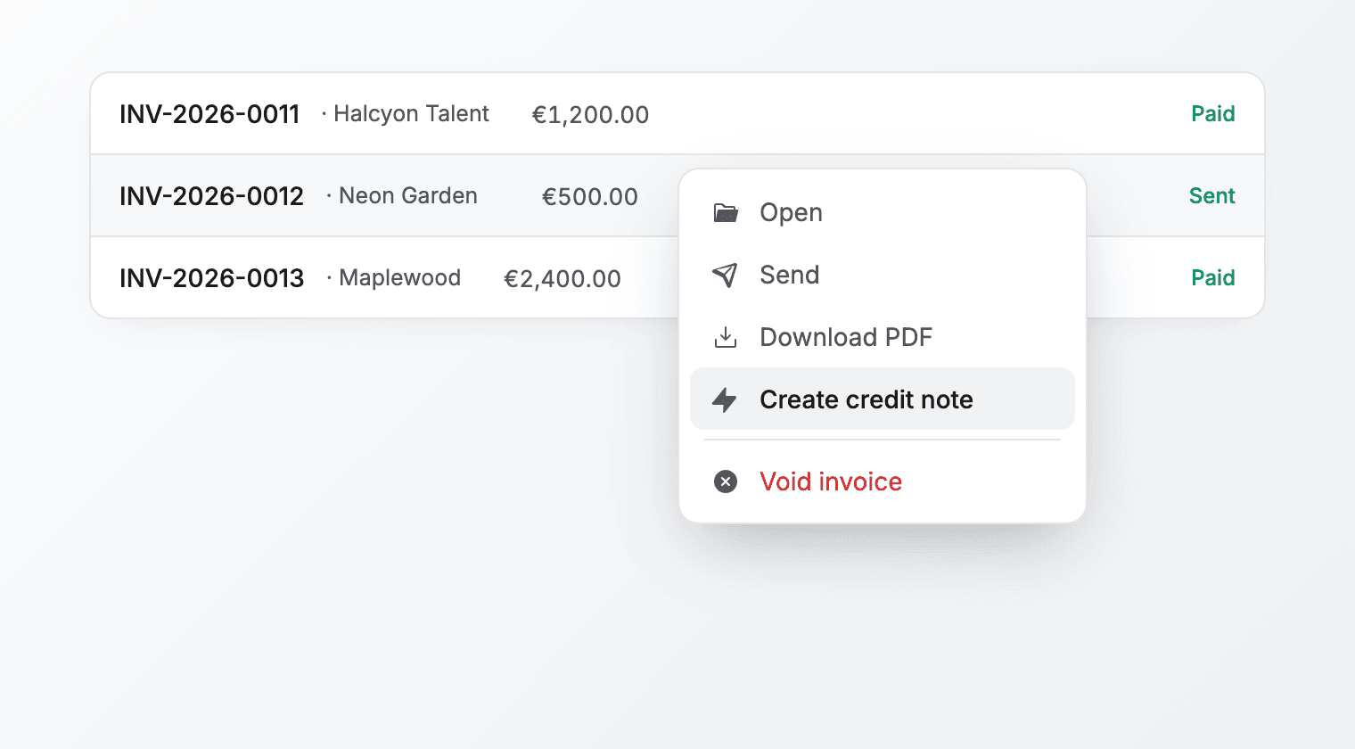 Create credit note from the invoice menu