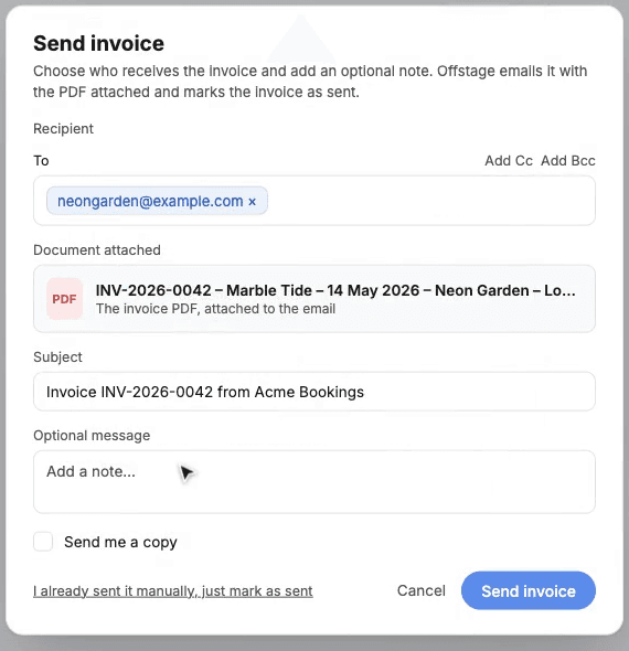 The send dialog with recipients, the attached PDF, and Send me a copy